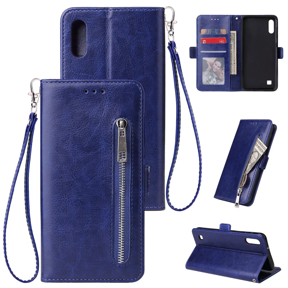 For Samsung A10 Solid Color PU Leather Zipper Wallet Double Buckle Protective Case with Stand & Lanyard gold
