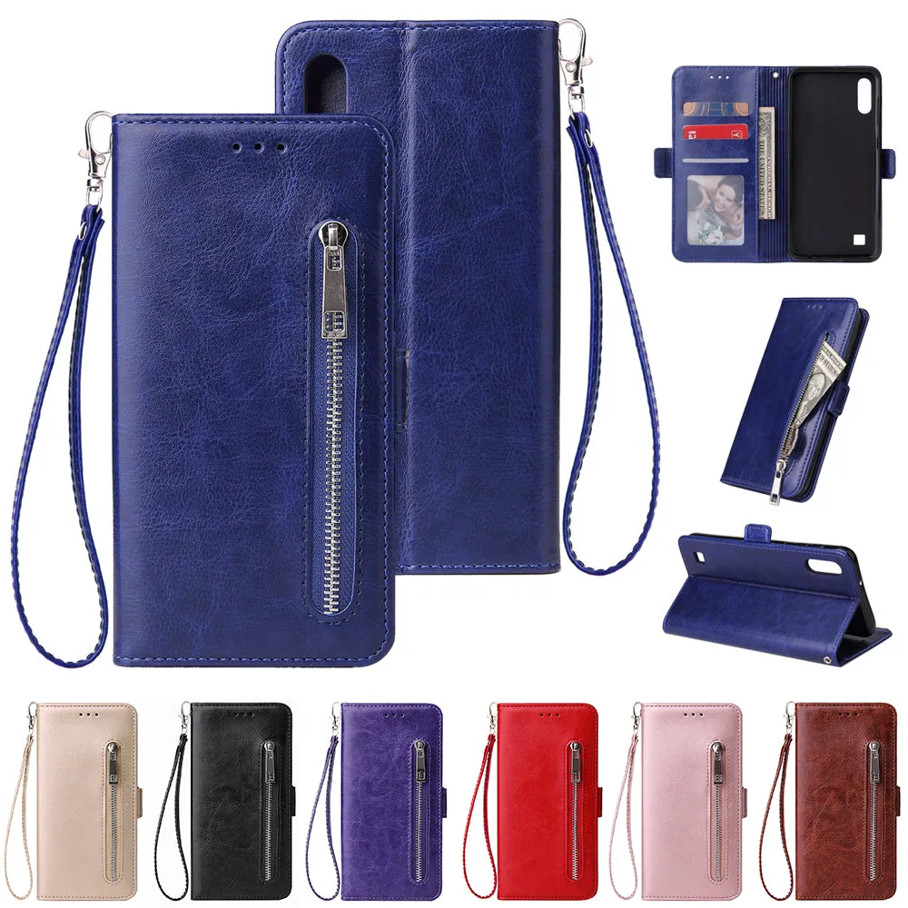 For Samsung A10 Solid Color PU Leather Zipper Wallet Double Buckle Protective Case with Stand & Lanyard gold