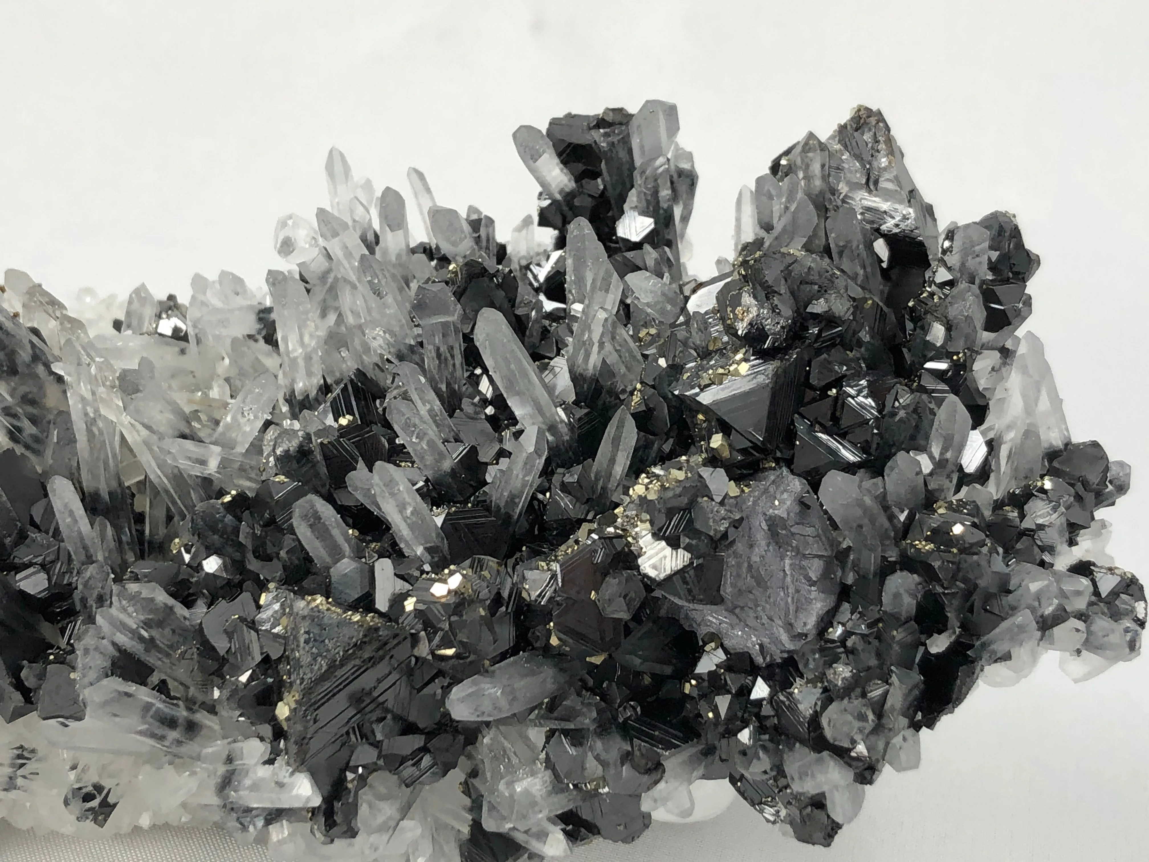 Galena and Sphalerite on Quartz with Chalcopyrite, Kruchev dol Mine, Madan District, Bulgaria, Mined c. 2012, Small Cabinet 4.0 x 6.0 x 13.0 cm, $400.  Online Online July 9.