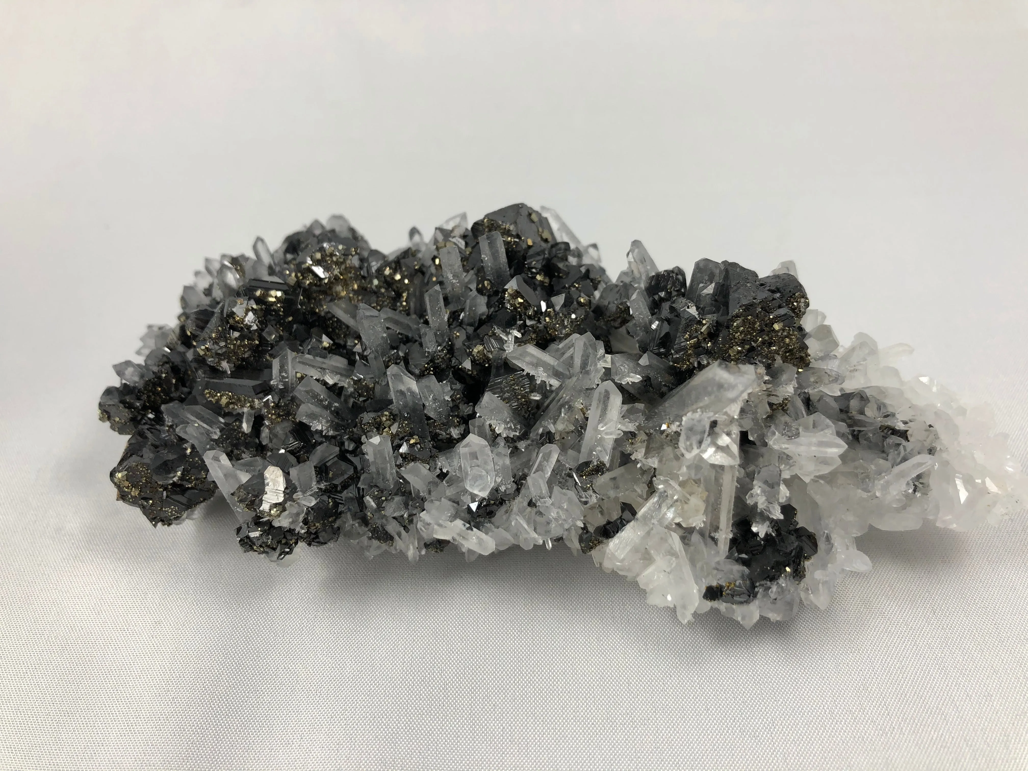 Galena and Sphalerite on Quartz with Chalcopyrite, Kruchev dol Mine, Madan District, Bulgaria, Mined c. 2012, Small Cabinet 4.0 x 6.0 x 13.0 cm, $400.  Online Online July 9.