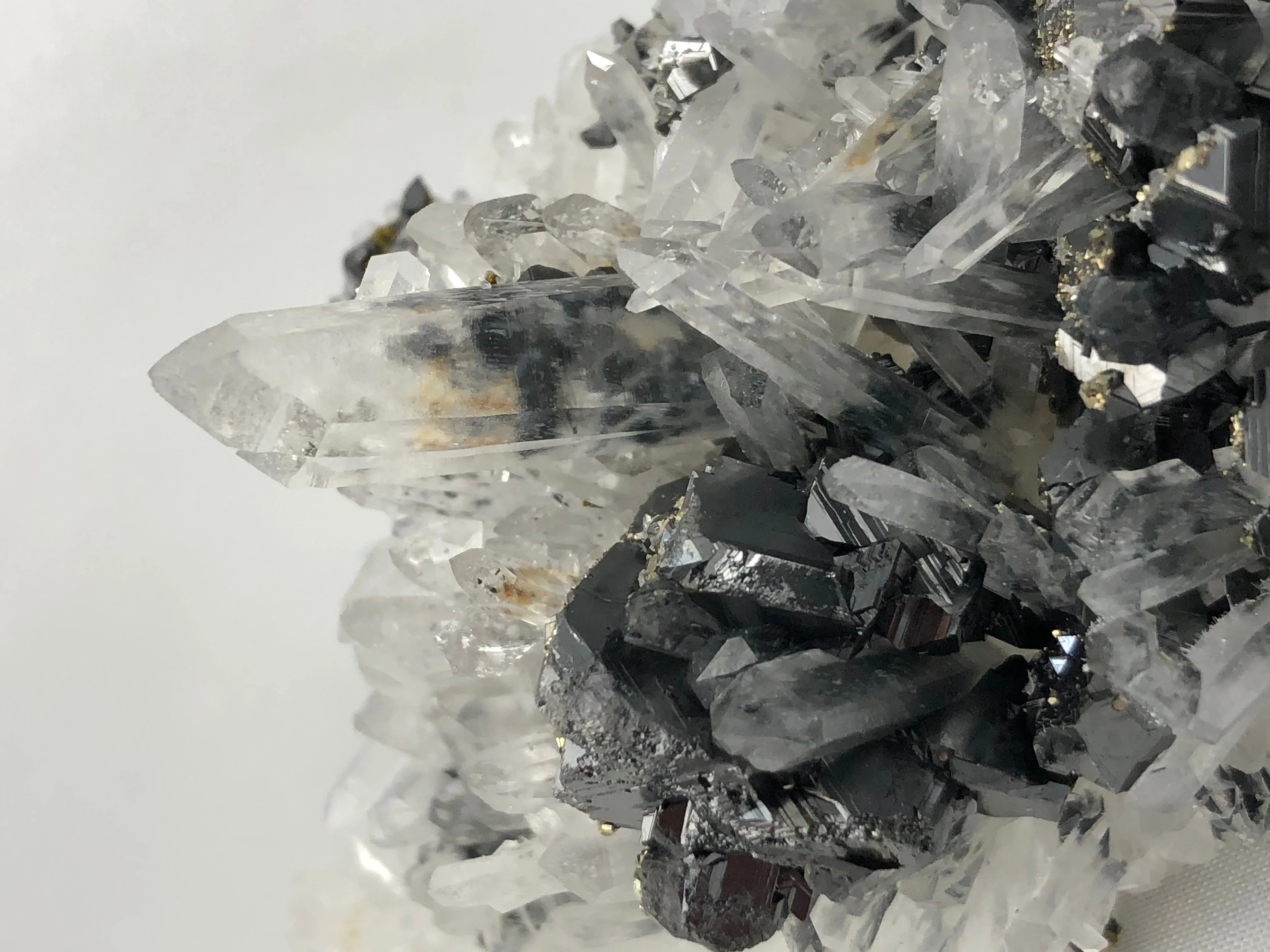 Galena and Sphalerite on Quartz with Chalcopyrite, Kruchev dol Mine, Madan District, Bulgaria, Mined c. 2012, Small Cabinet 4.0 x 6.0 x 13.0 cm, $400.  Online Online July 9.