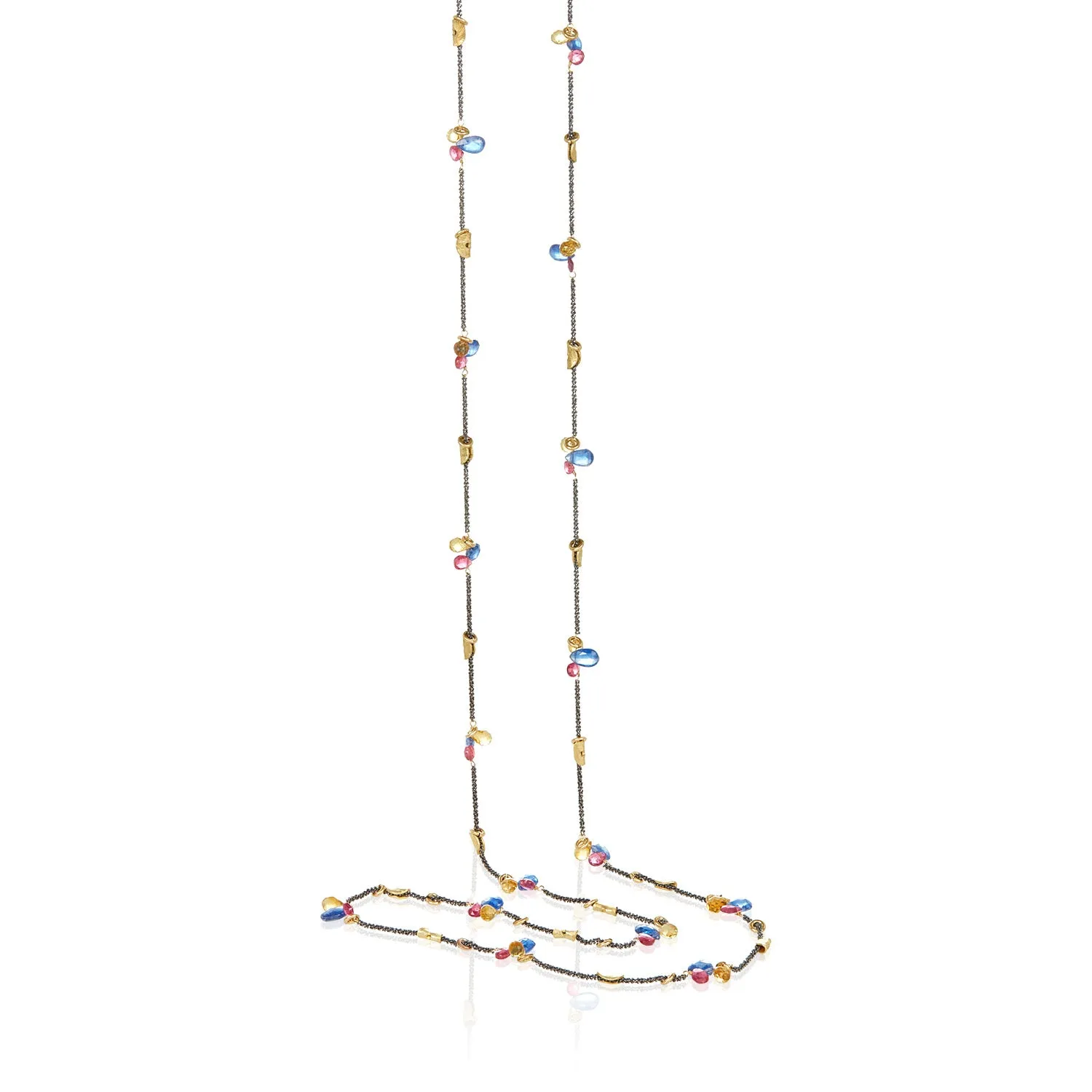 Half Moon Petal Mixed Color Gem Silver Long Necklace