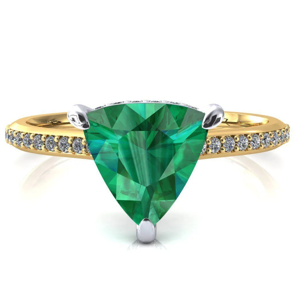 Kiki Trillion Emerald 3 Prongs Claw Floating Halo 1/2 Pinpoint Inverted Cathedral Ring