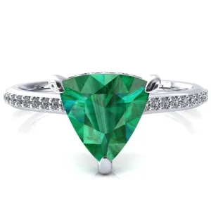 Kiki Trillion Emerald 3 Prongs Claw Floating Halo 1/2 Pinpoint Inverted Cathedral Ring