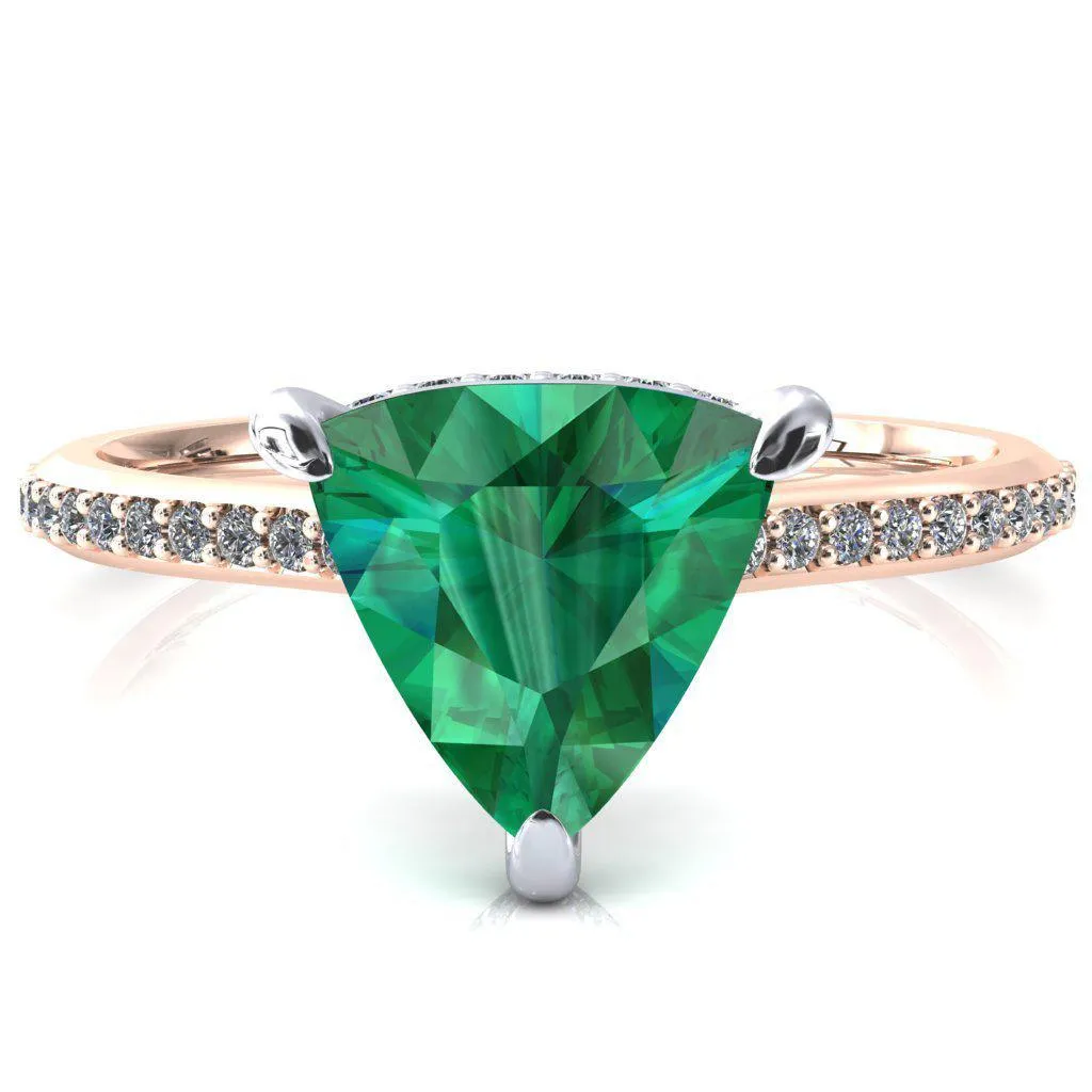 Kiki Trillion Emerald 3 Prongs Claw Floating Halo 1/2 Pinpoint Inverted Cathedral Ring