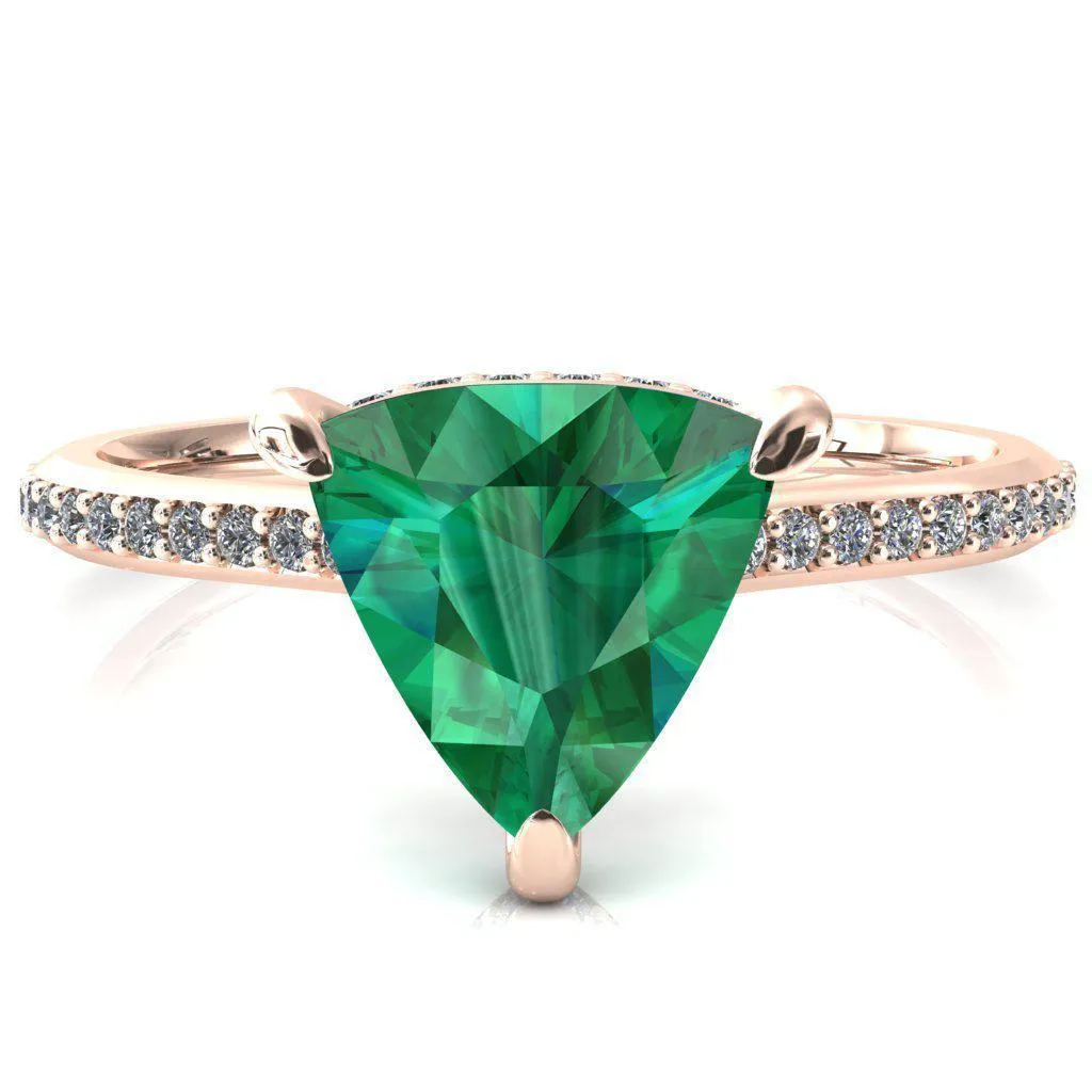 Kiki Trillion Emerald 3 Prongs Claw Floating Halo 1/2 Pinpoint Inverted Cathedral Ring