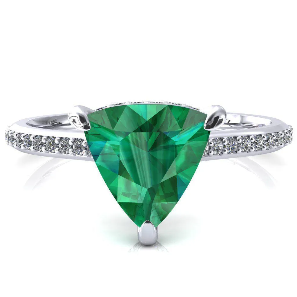 Kiki Trillion Emerald 3 Prongs Claw Floating Halo 1/2 Pinpoint Inverted Cathedral Ring