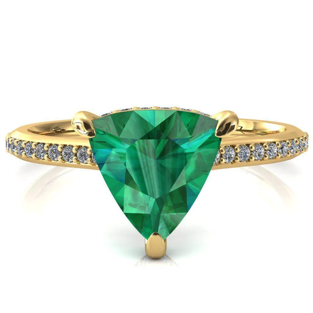 Kiki Trillion Emerald 3 Prongs Claw Floating Halo 1/2 Pinpoint Inverted Cathedral Ring