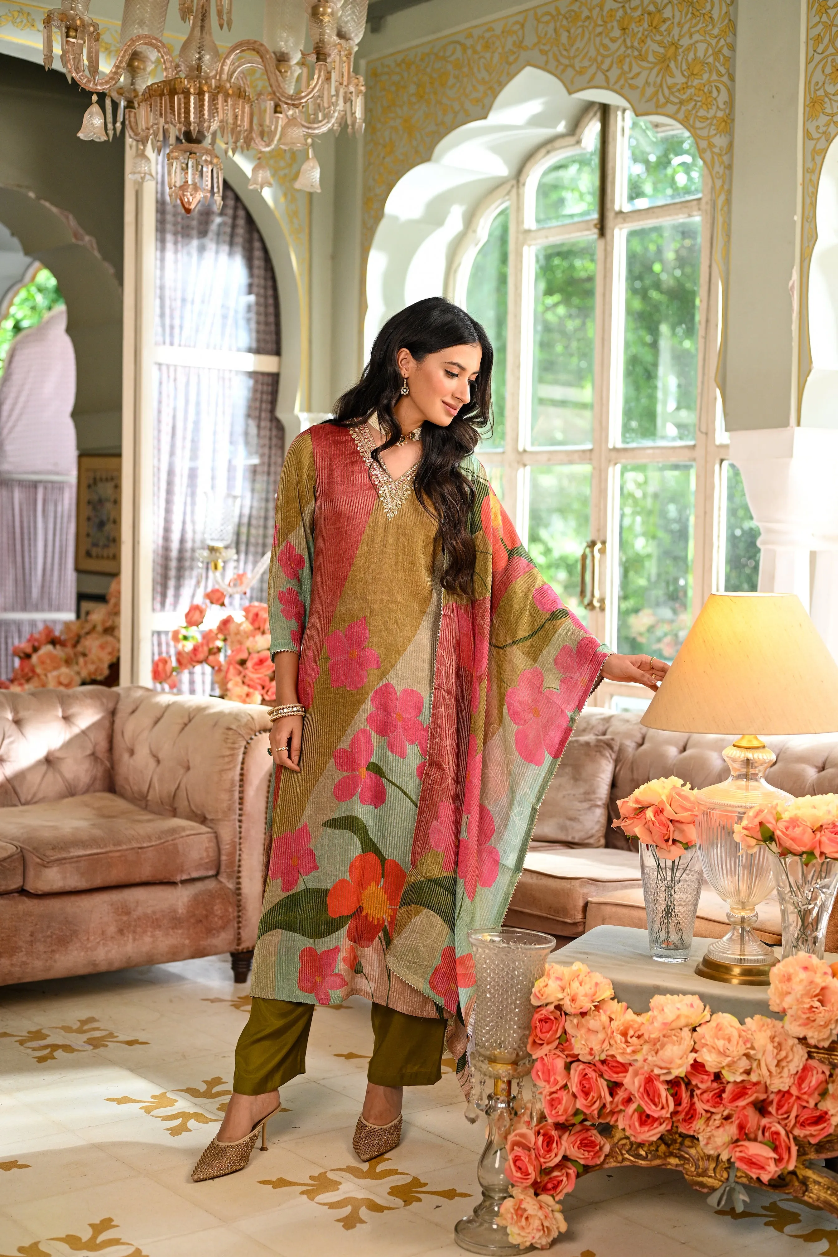 Mehandi Green Floral Print Shimmer With Gota Neck Suit set