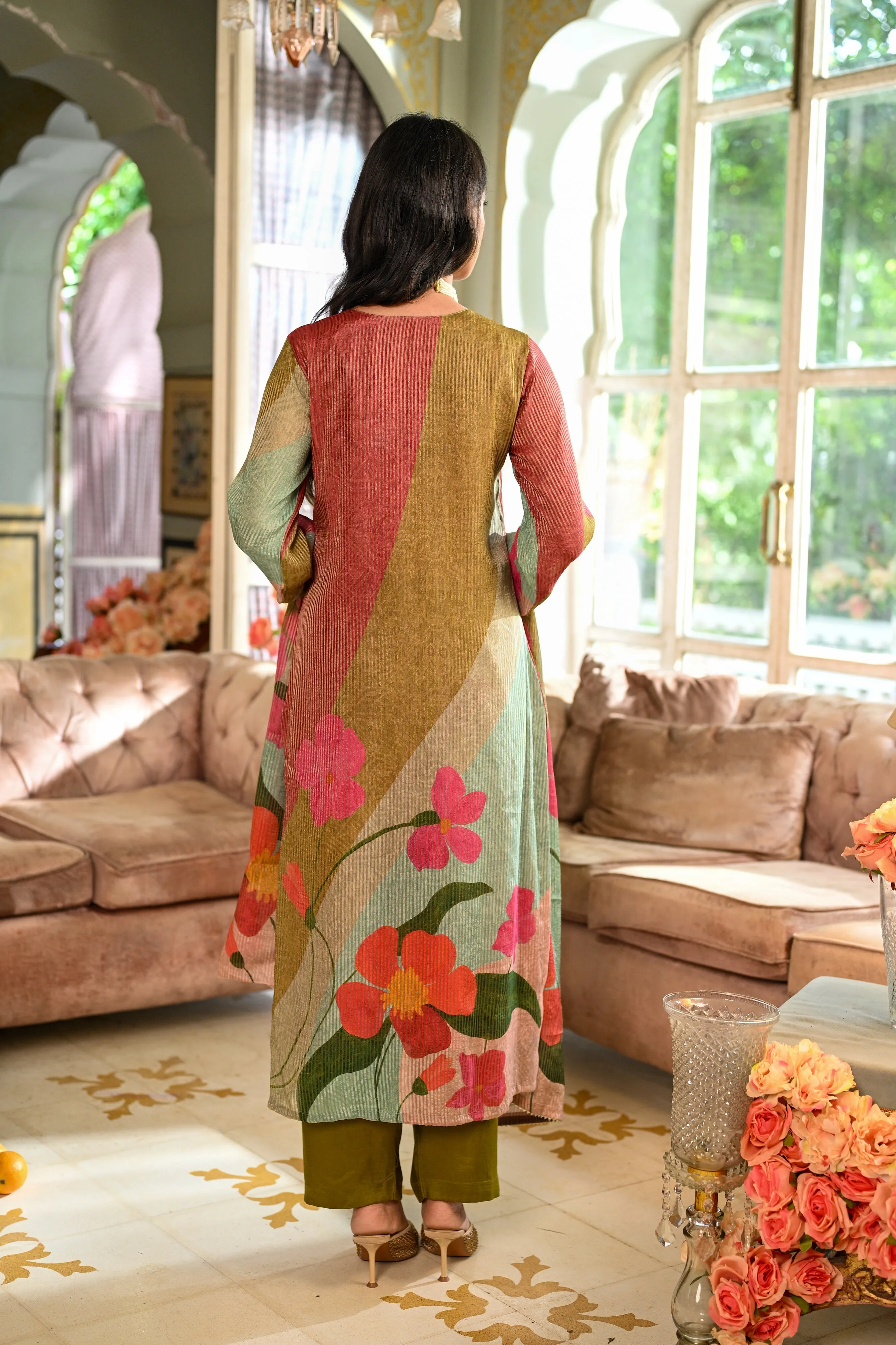 Mehandi Green Floral Print Shimmer With Gota Neck Suit set