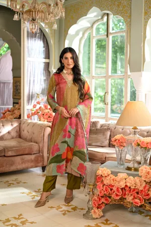 Mehandi Green Floral Print Shimmer With Gota Neck Suit set