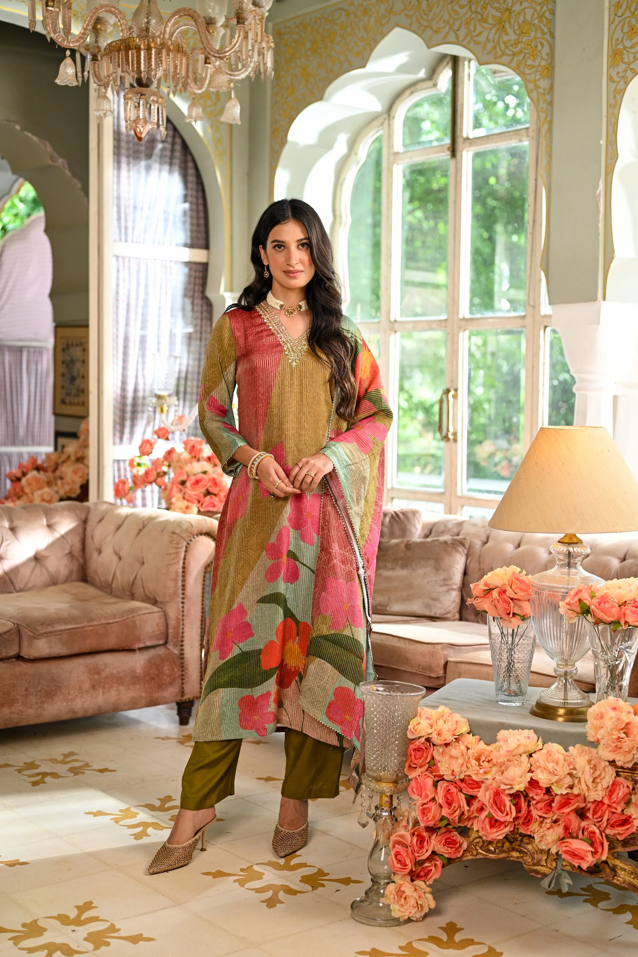 Mehandi Green Floral Print Shimmer With Gota Neck Suit set
