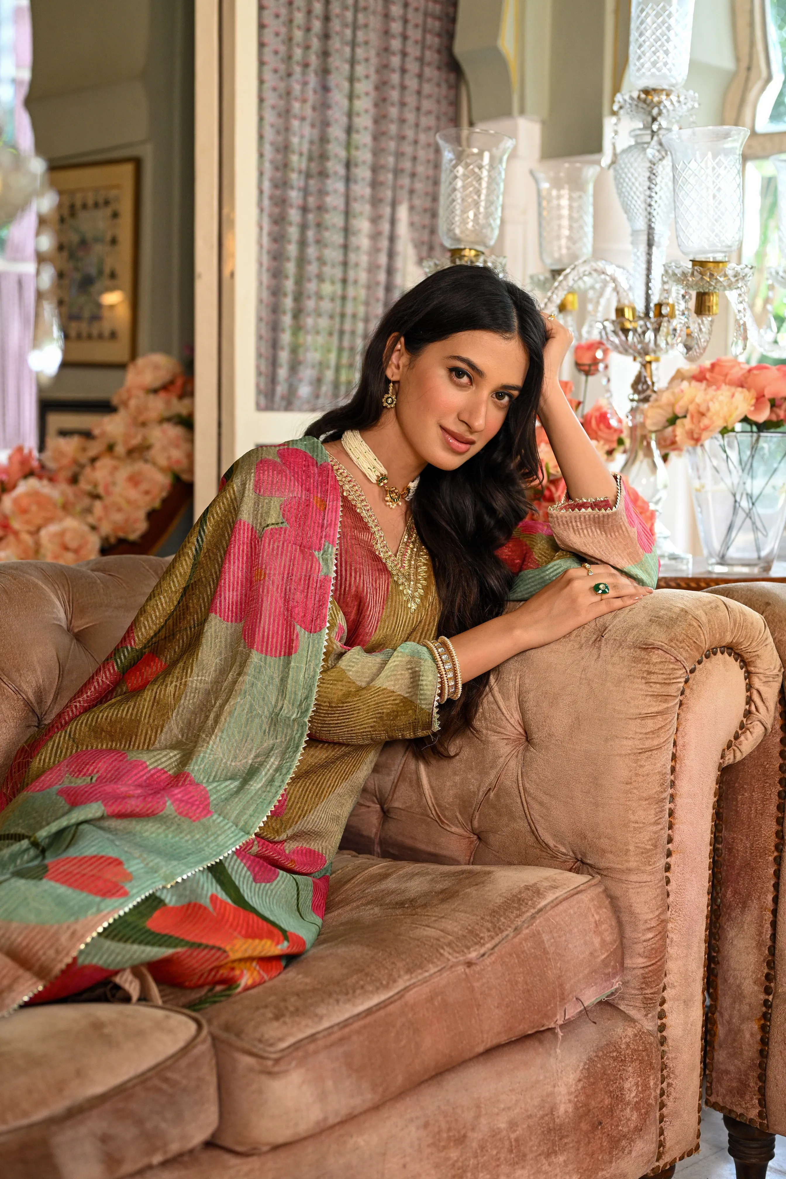 Mehandi Green Floral Print Shimmer With Gota Neck Suit set