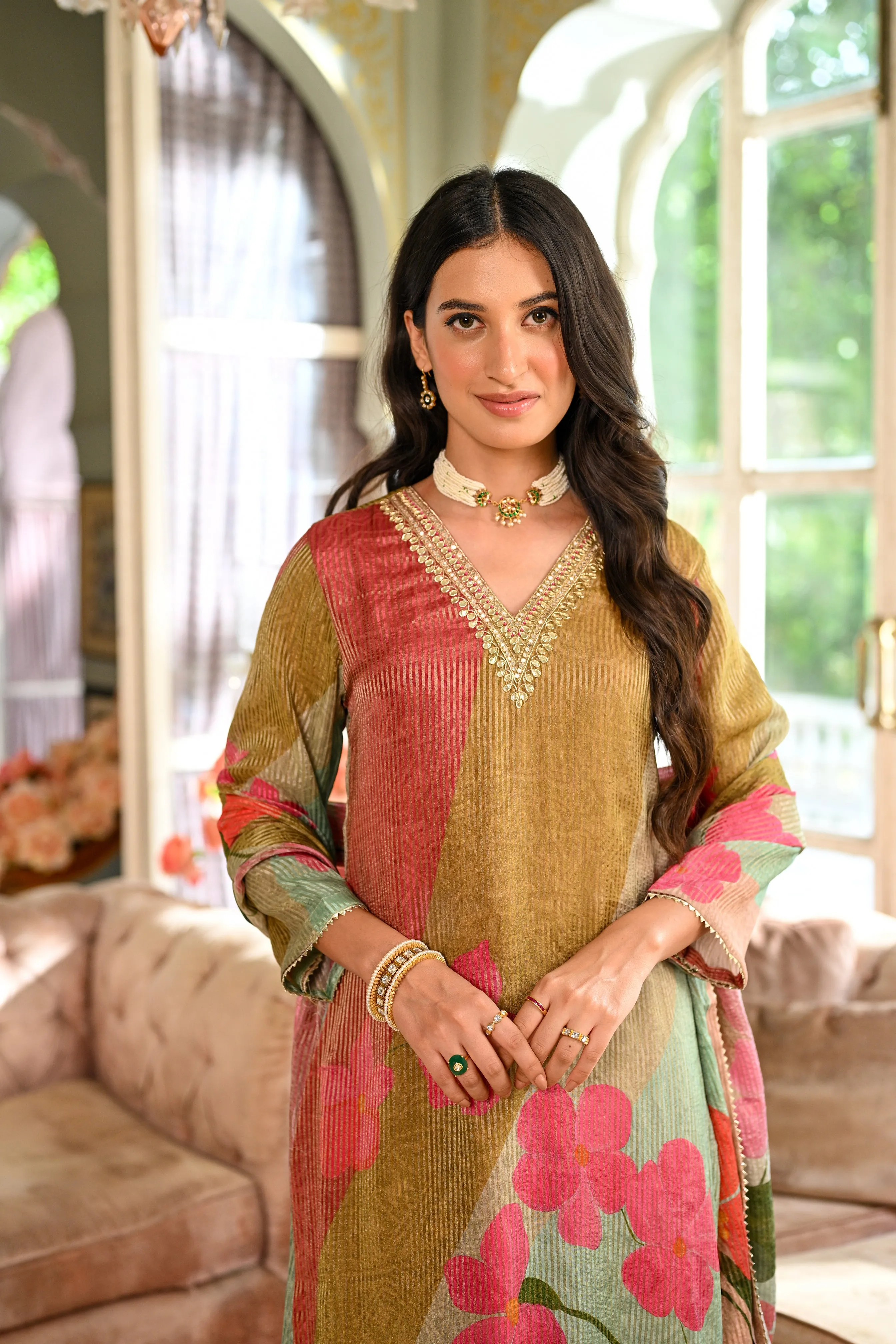 Mehandi Green Floral Print Shimmer With Gota Neck Suit set