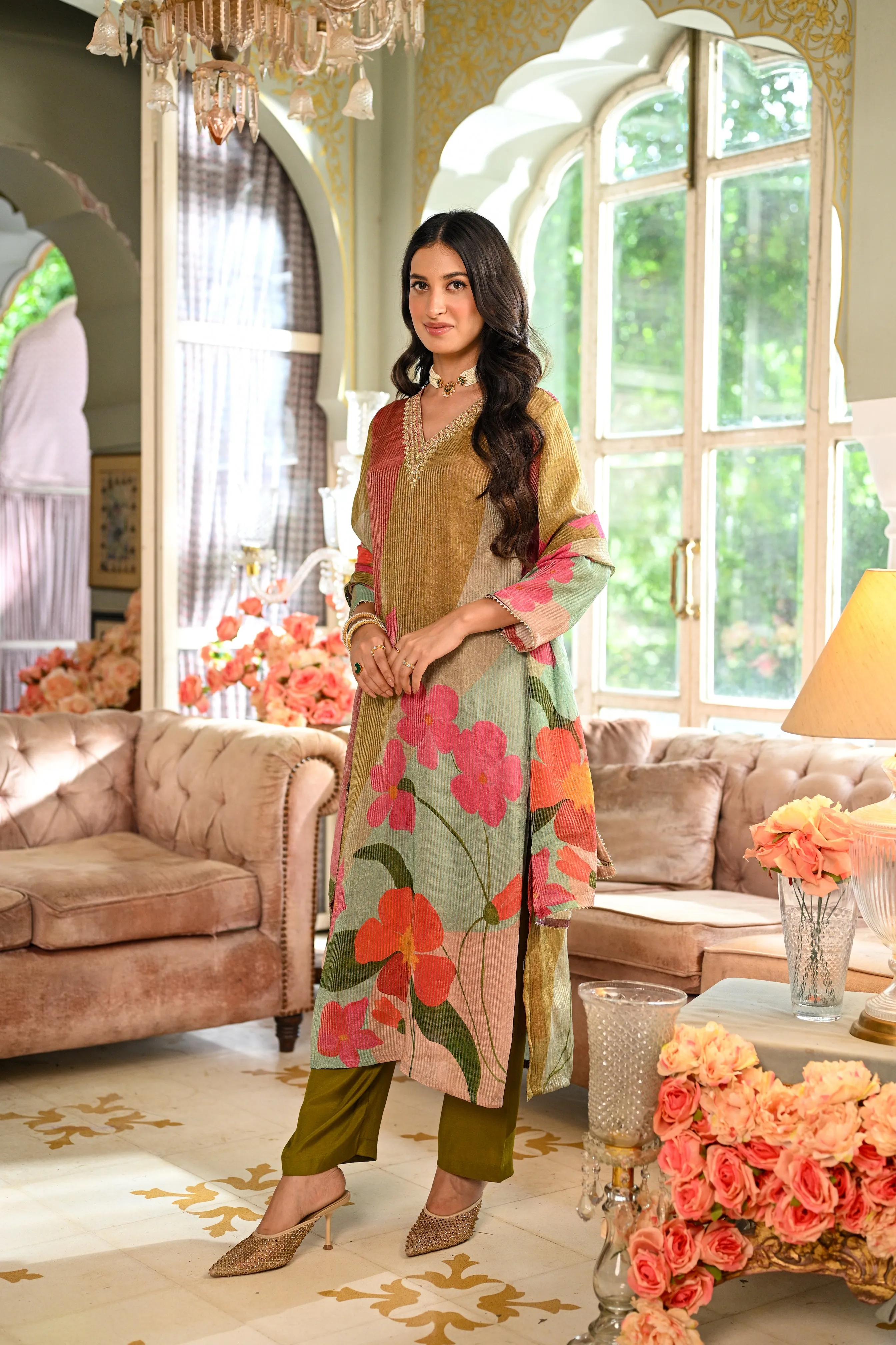 Mehandi Green Floral Print Shimmer With Gota Neck Suit set