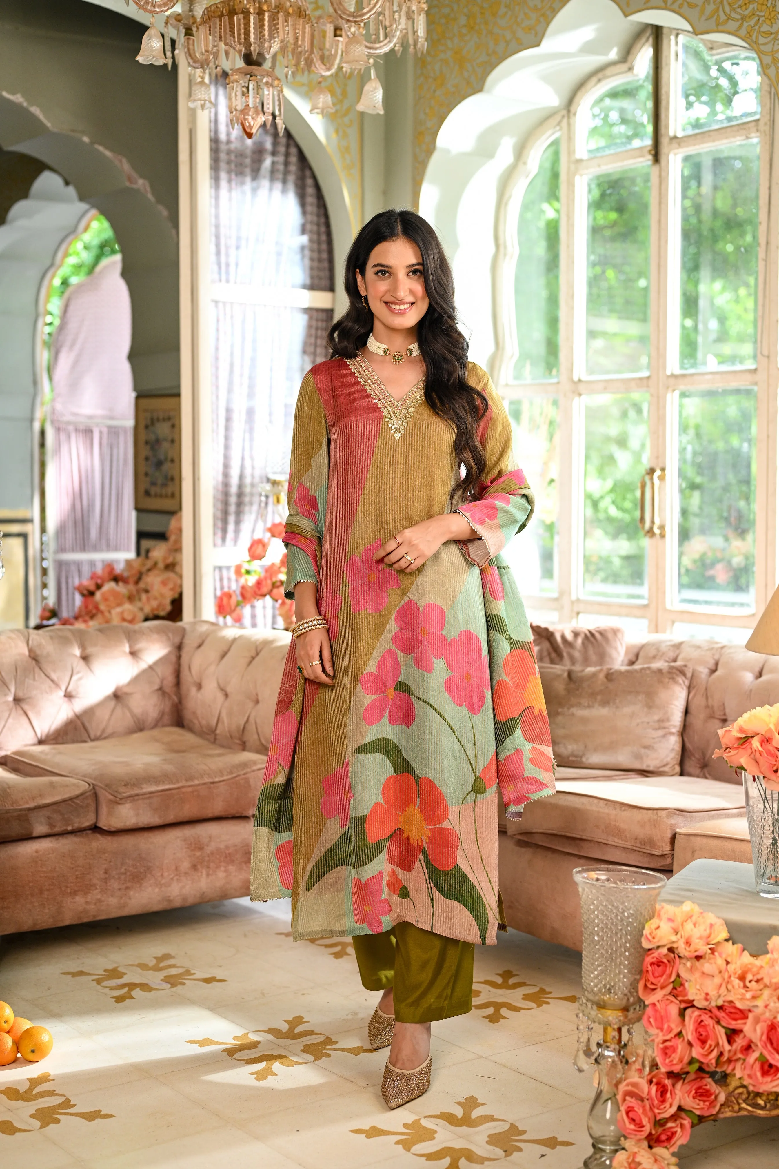Mehandi Green Floral Print Shimmer With Gota Neck Suit set