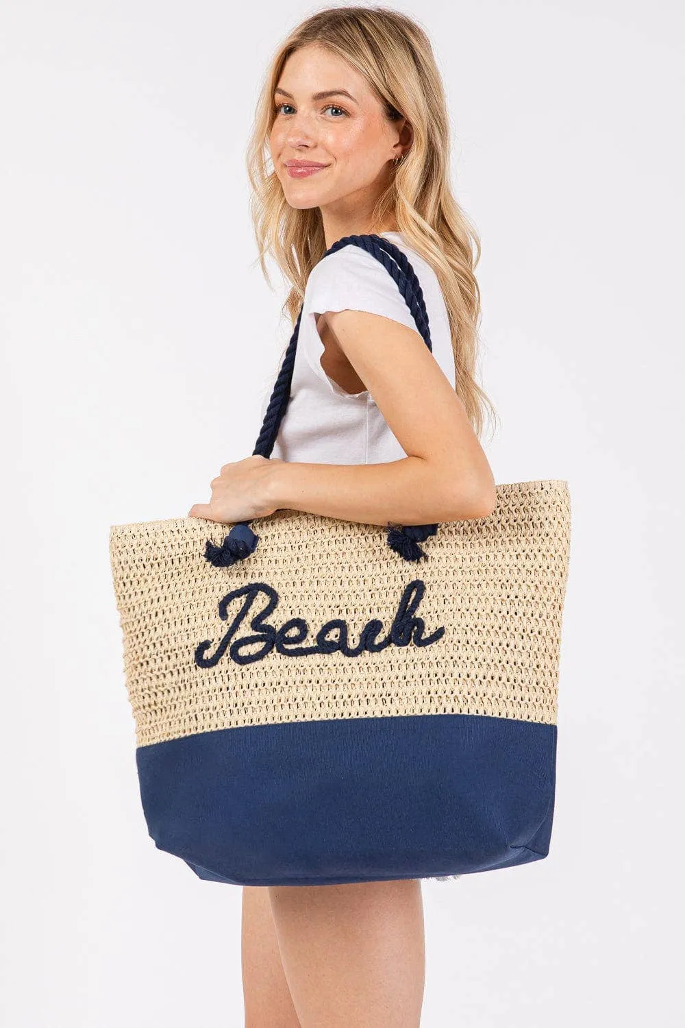 Navy Sewn Rope Beach Letter Color Straw Tote Bag
