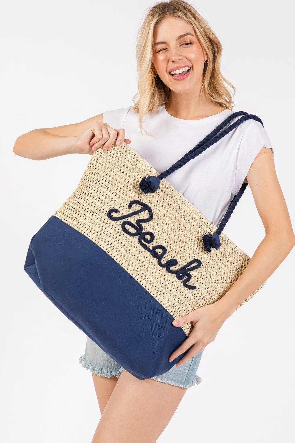 Navy Sewn Rope Beach Letter Color Straw Tote Bag