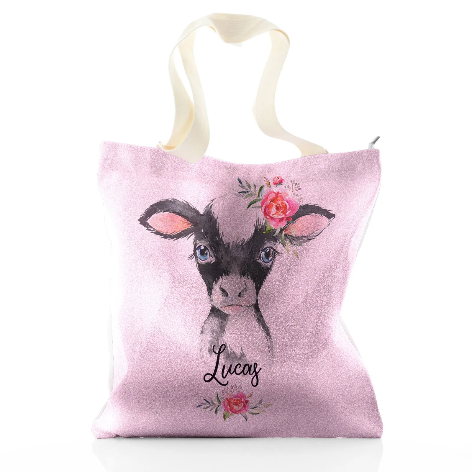Personalised Glitter Tote Bag with Black and White Cow Pink Rose Flowers and Cute Text