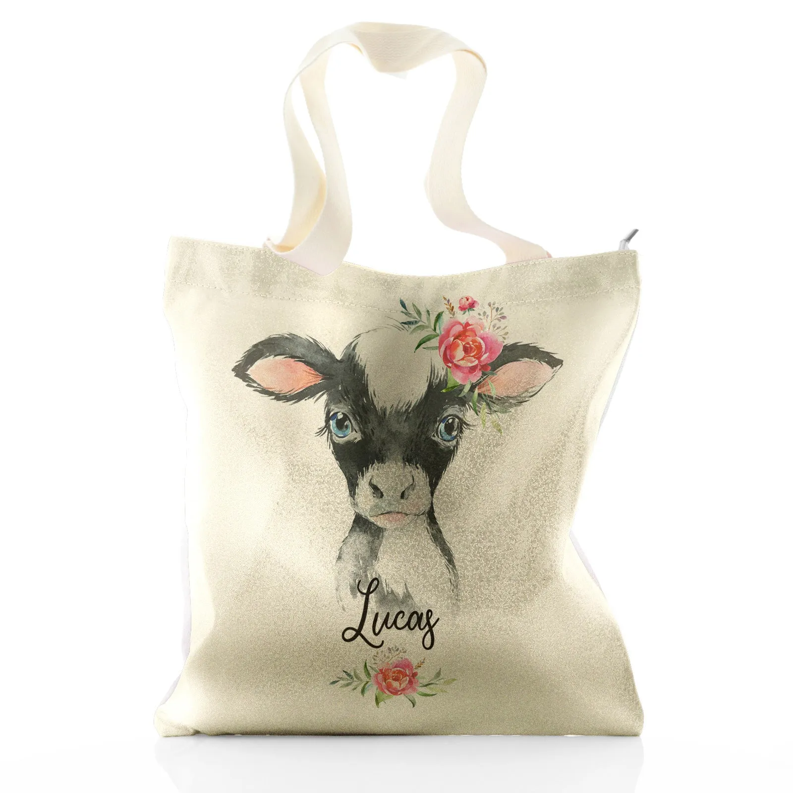Personalised Glitter Tote Bag with Black and White Cow Pink Rose Flowers and Cute Text