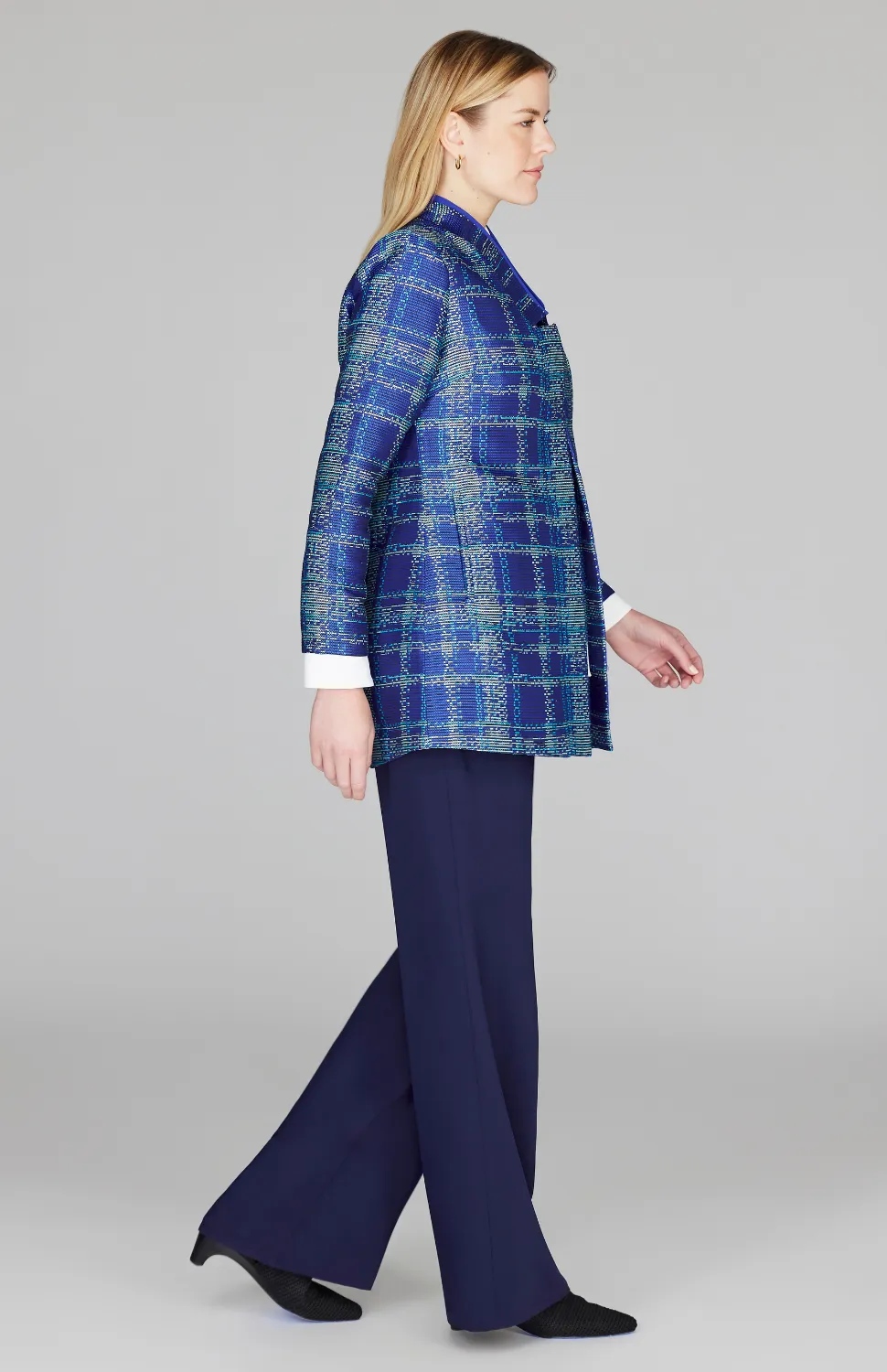 Plaid Jacquard Long Jacket w/ Split Collar