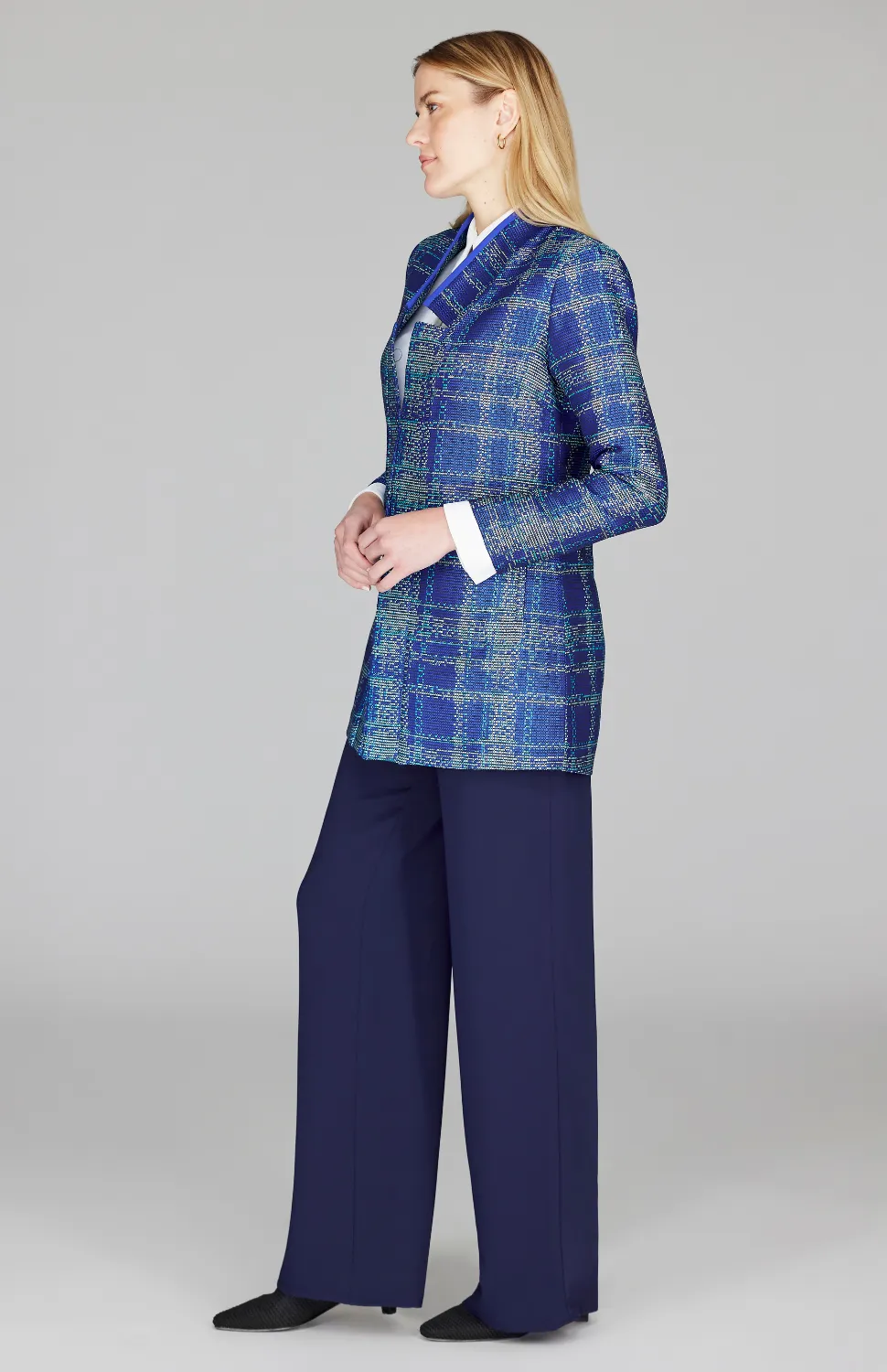 Plaid Jacquard Long Jacket w/ Split Collar