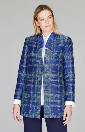 Plaid Jacquard Long Jacket w/ Split Collar