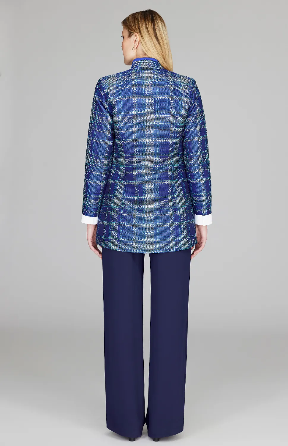 Plaid Jacquard Long Jacket w/ Split Collar