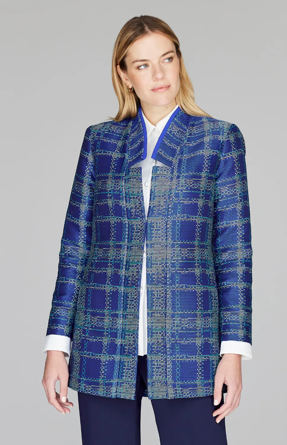 Plaid Jacquard Long Jacket w/ Split Collar