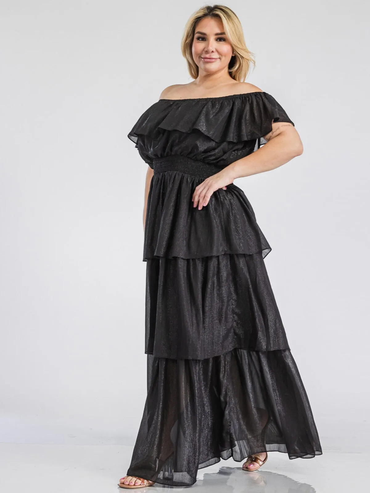 PLUS SIZE OFF SHOULDER SMOCK WAIST TIERED SHIMMER MAXI DRESS
