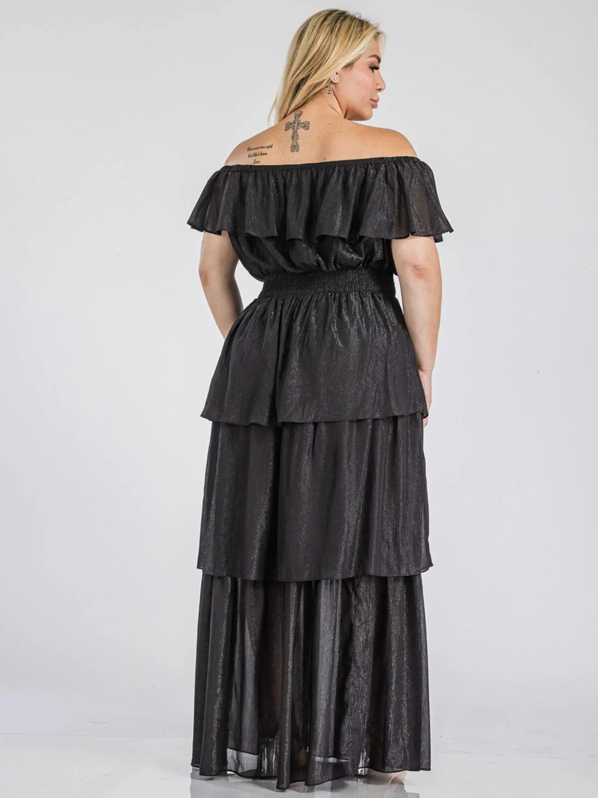 PLUS SIZE OFF SHOULDER SMOCK WAIST TIERED SHIMMER MAXI DRESS