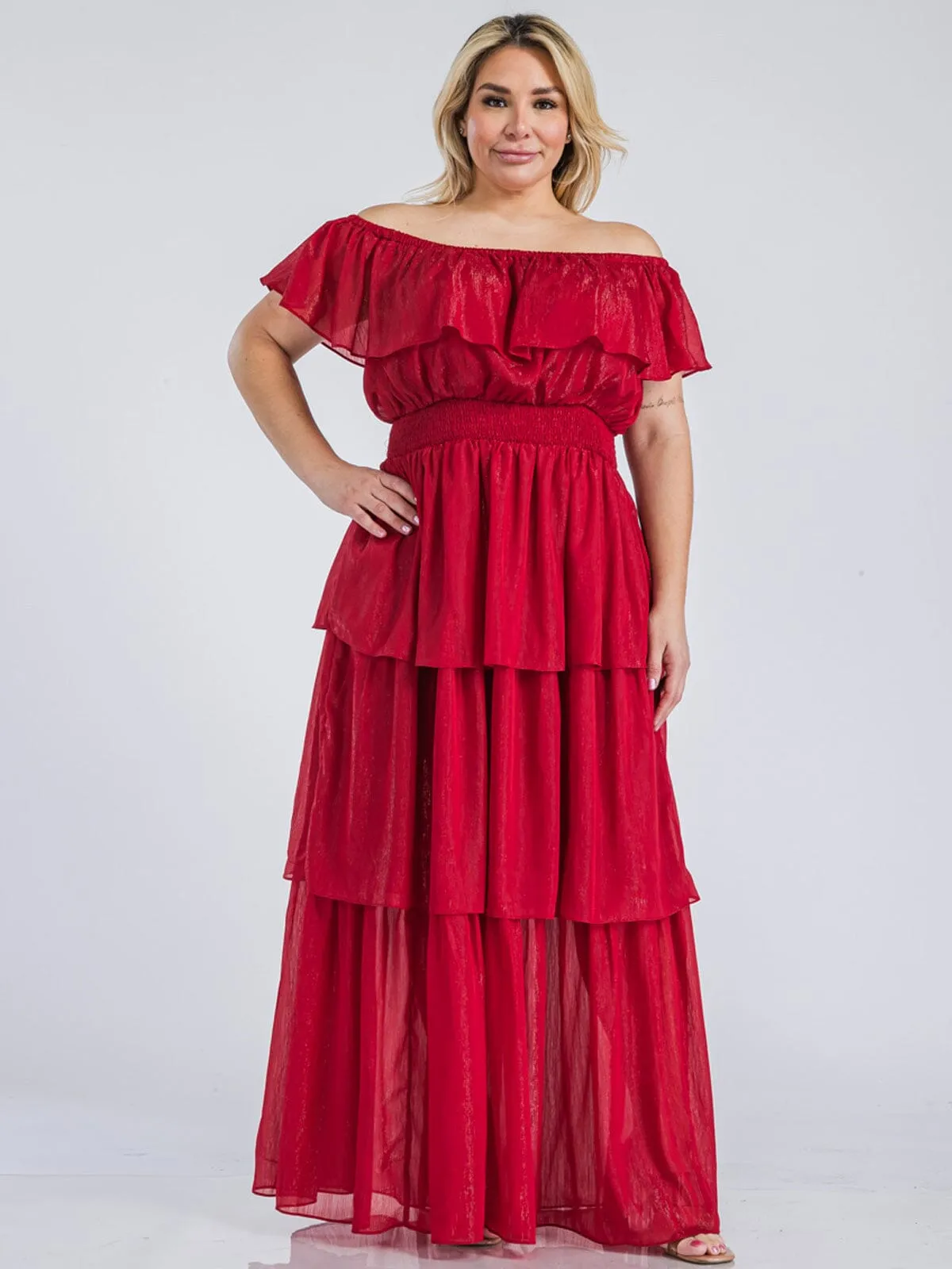 PLUS SIZE OFF SHOULDER SMOCK WAIST TIERED SHIMMER MAXI DRESS
