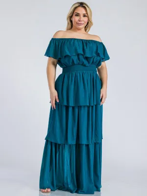 PLUS SIZE OFF SHOULDER SMOCK WAIST TIERED SHIMMER MAXI DRESS