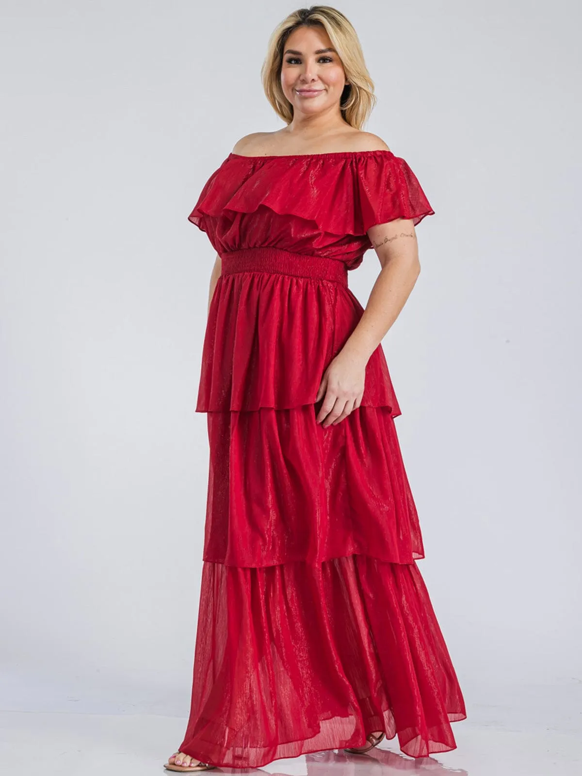 PLUS SIZE OFF SHOULDER SMOCK WAIST TIERED SHIMMER MAXI DRESS
