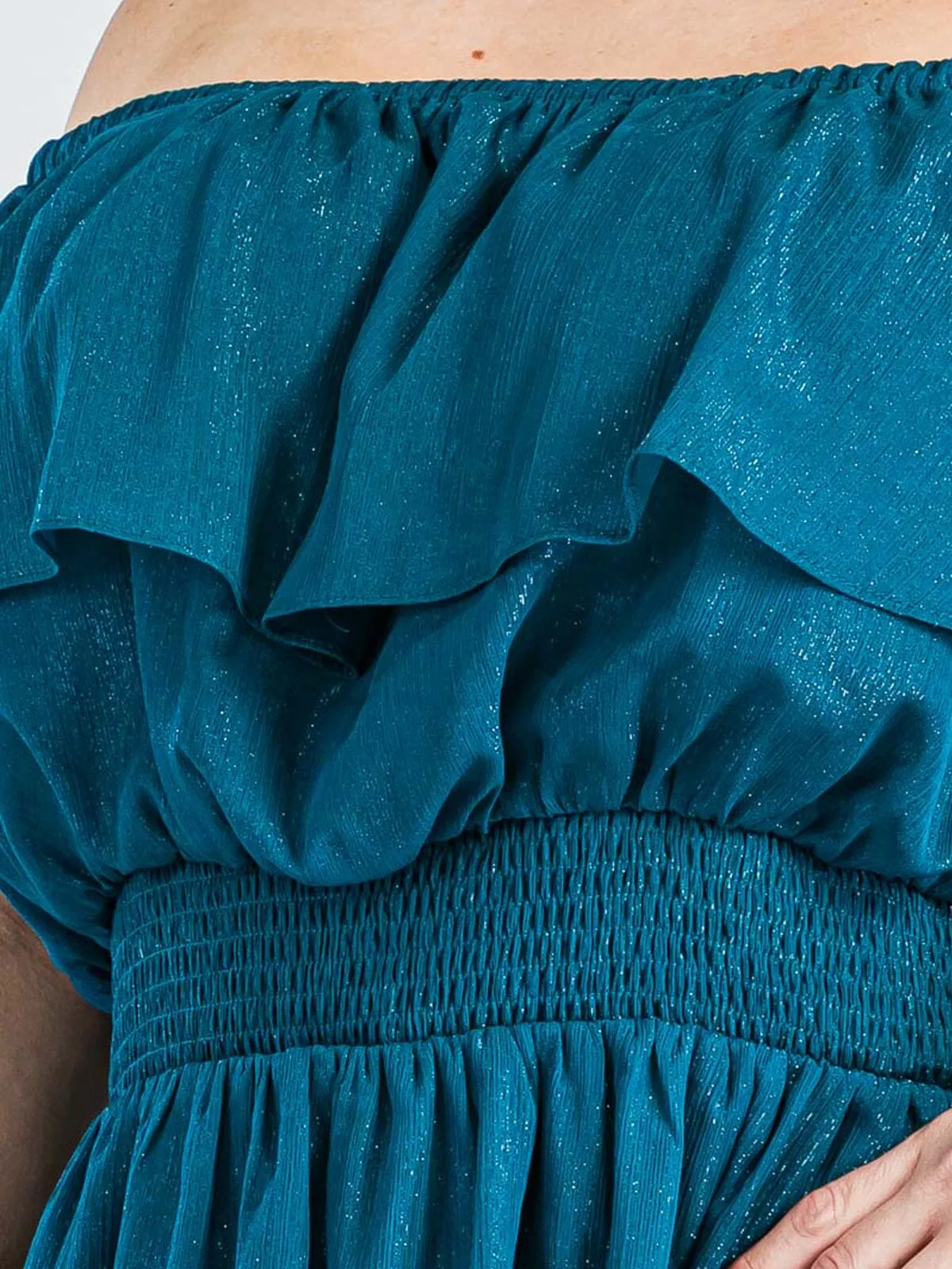 PLUS SIZE OFF SHOULDER SMOCK WAIST TIERED SHIMMER MAXI DRESS