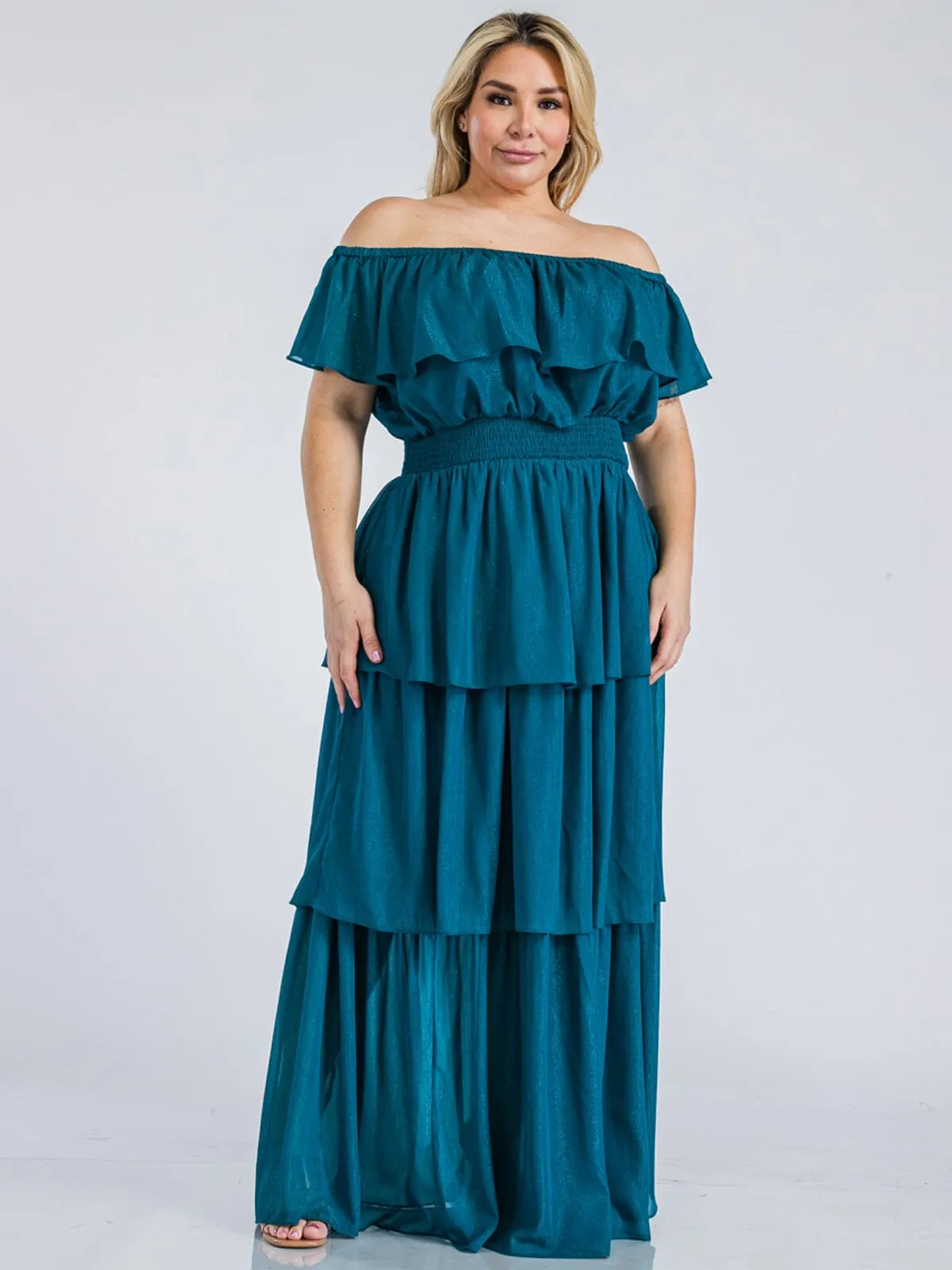 PLUS SIZE OFF SHOULDER SMOCK WAIST TIERED SHIMMER MAXI DRESS