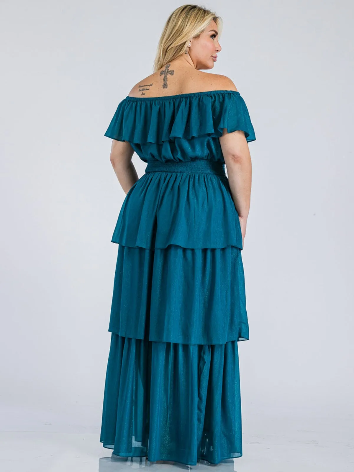 PLUS SIZE OFF SHOULDER SMOCK WAIST TIERED SHIMMER MAXI DRESS