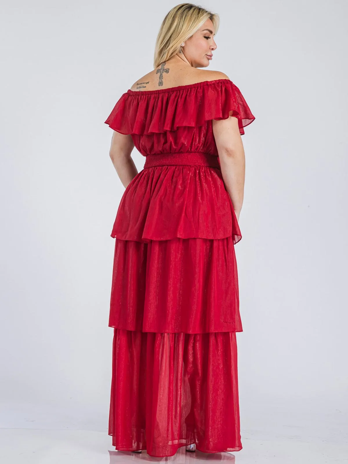 PLUS SIZE OFF SHOULDER SMOCK WAIST TIERED SHIMMER MAXI DRESS