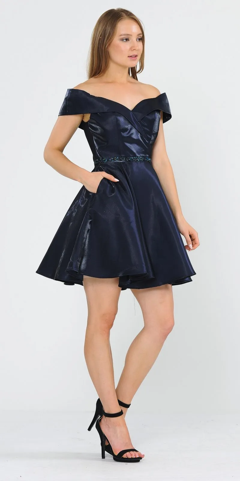 Poly USA 8238 Off-Shoulder Homecoming Short Dress with Pockets