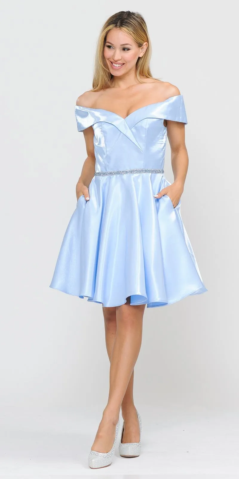 Poly USA 8238 Off-Shoulder Homecoming Short Dress with Pockets