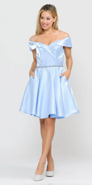 Poly USA 8238 Off-Shoulder Homecoming Short Dress with Pockets