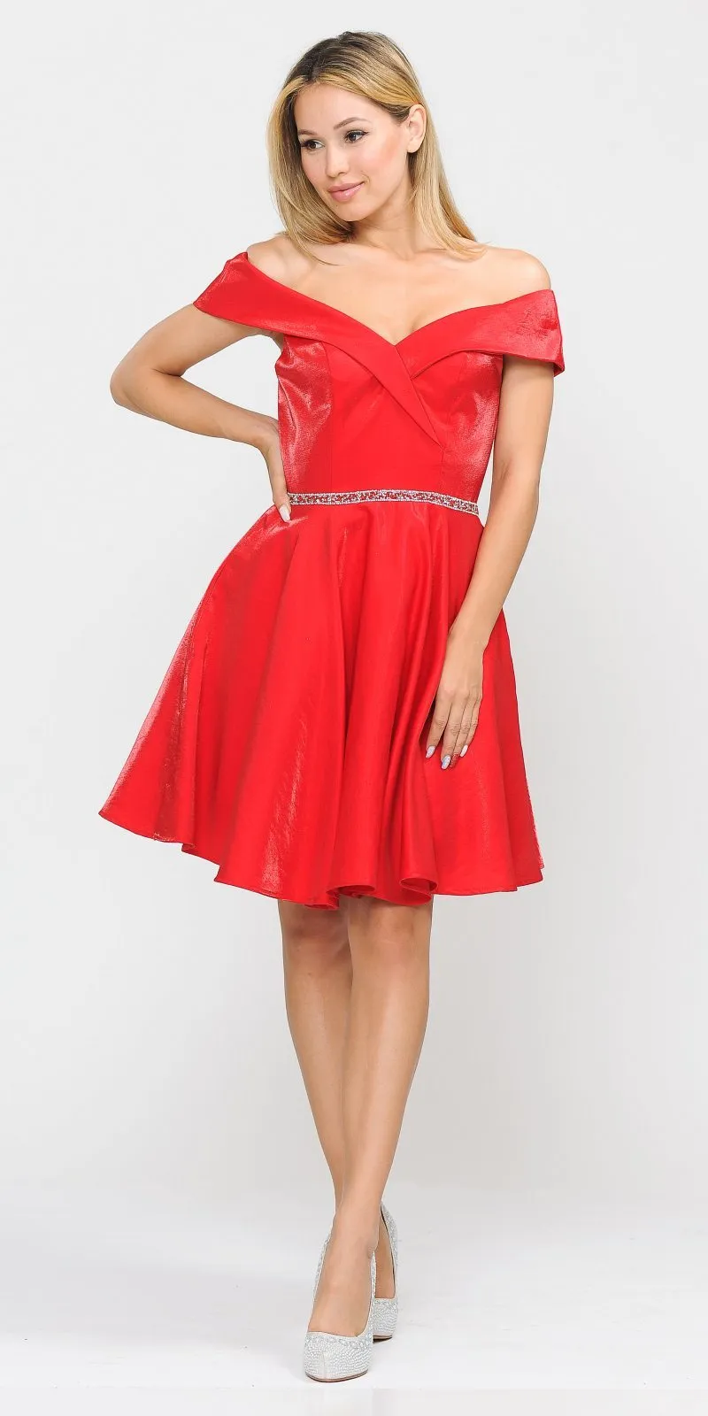 Poly USA 8238 Off-Shoulder Homecoming Short Dress with Pockets