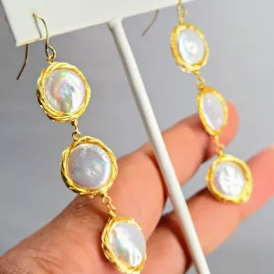"3 Coins In A Fountain" 2" Earrings - Coin Pearl Gold Filled Wire Wrap