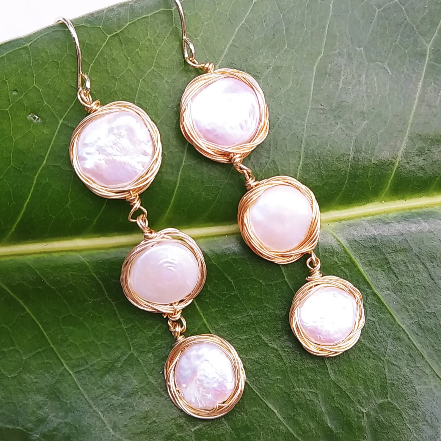"3 Coins In A Fountain" 2" Earrings - Coin Pearl Gold Filled Wire Wrap