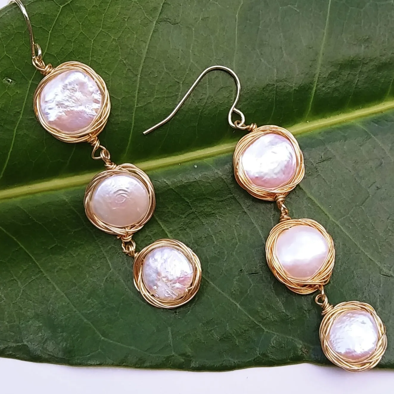 "3 Coins In A Fountain" 2" Earrings - Coin Pearl Gold Filled Wire Wrap
