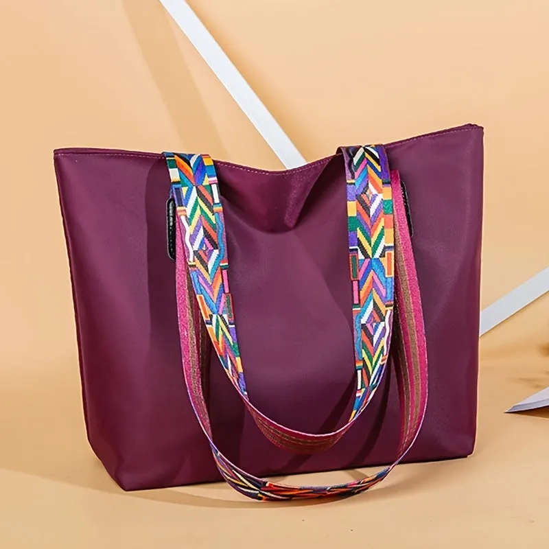realaiot  Trendy Classic Tote Shoulder Bag, All-Match Versatile Commuter Tote Bag For Women With Colorful Geometric Pattern Strap