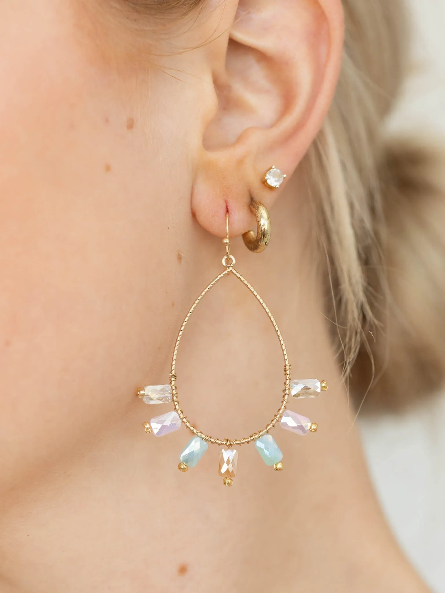 Rectangle Rhinestone Beaded Teardrop Earring