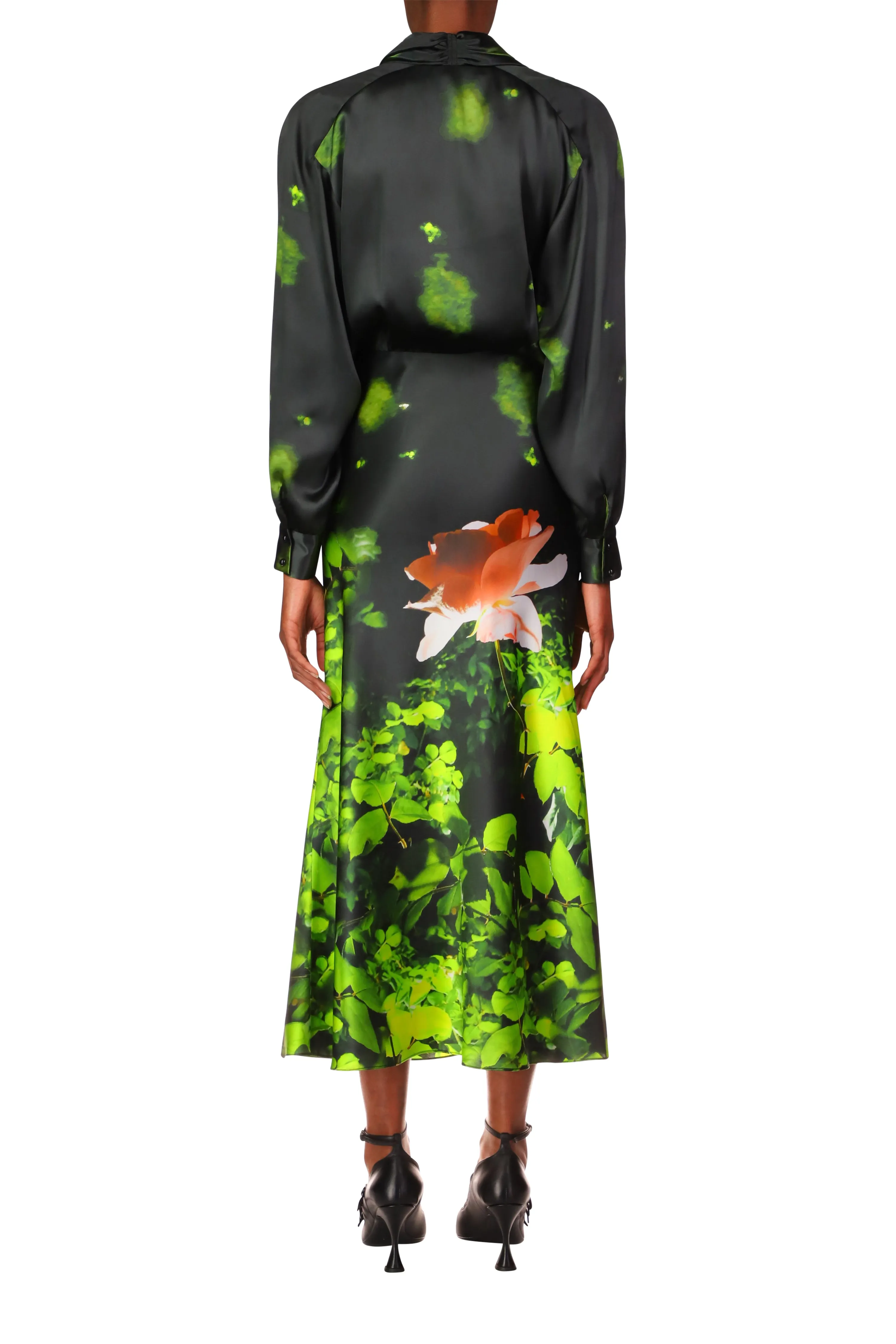 Rose Printed Satin Bias Dress with Shawl Collar