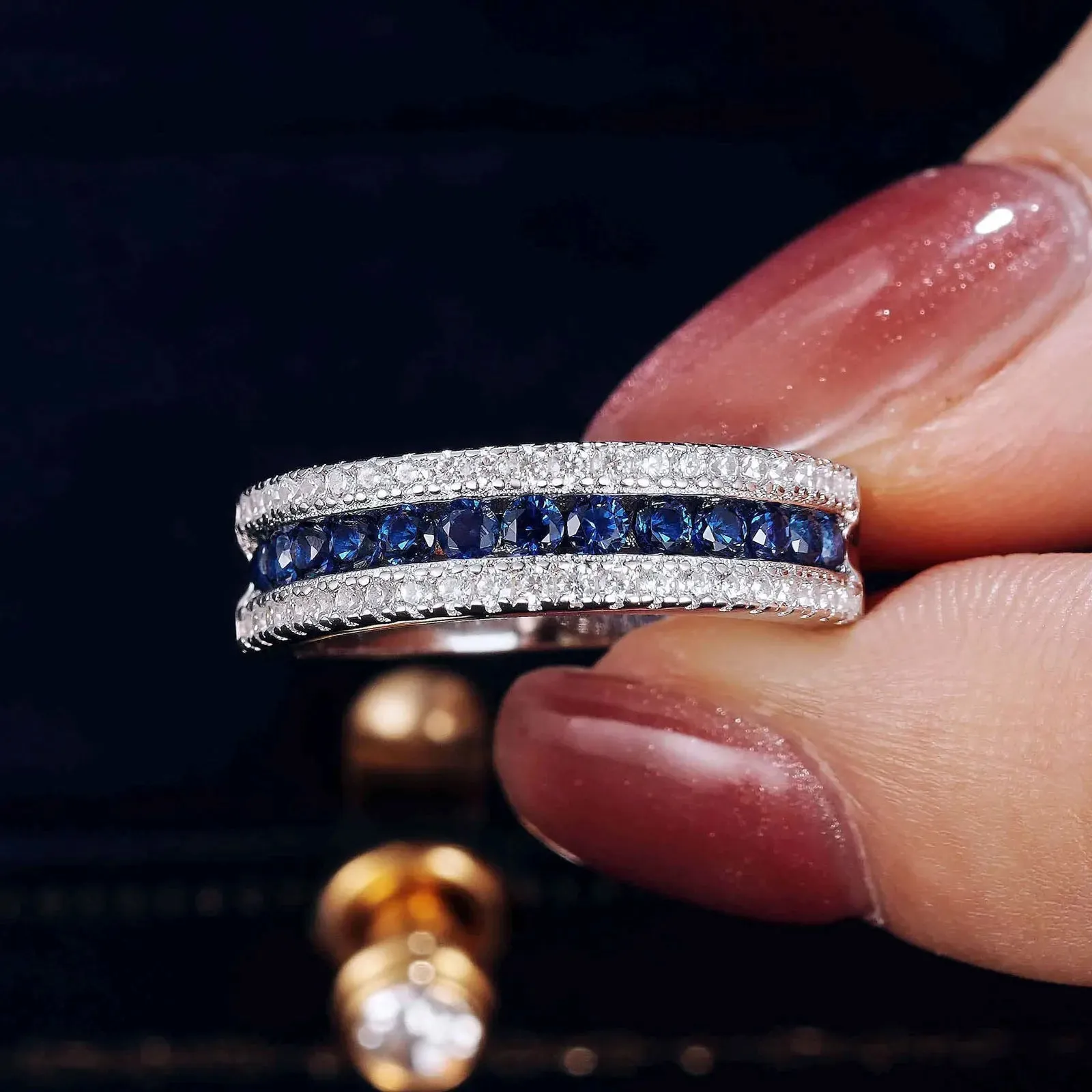 Round Sapphire Half Eternity Wedding Band with Diamond