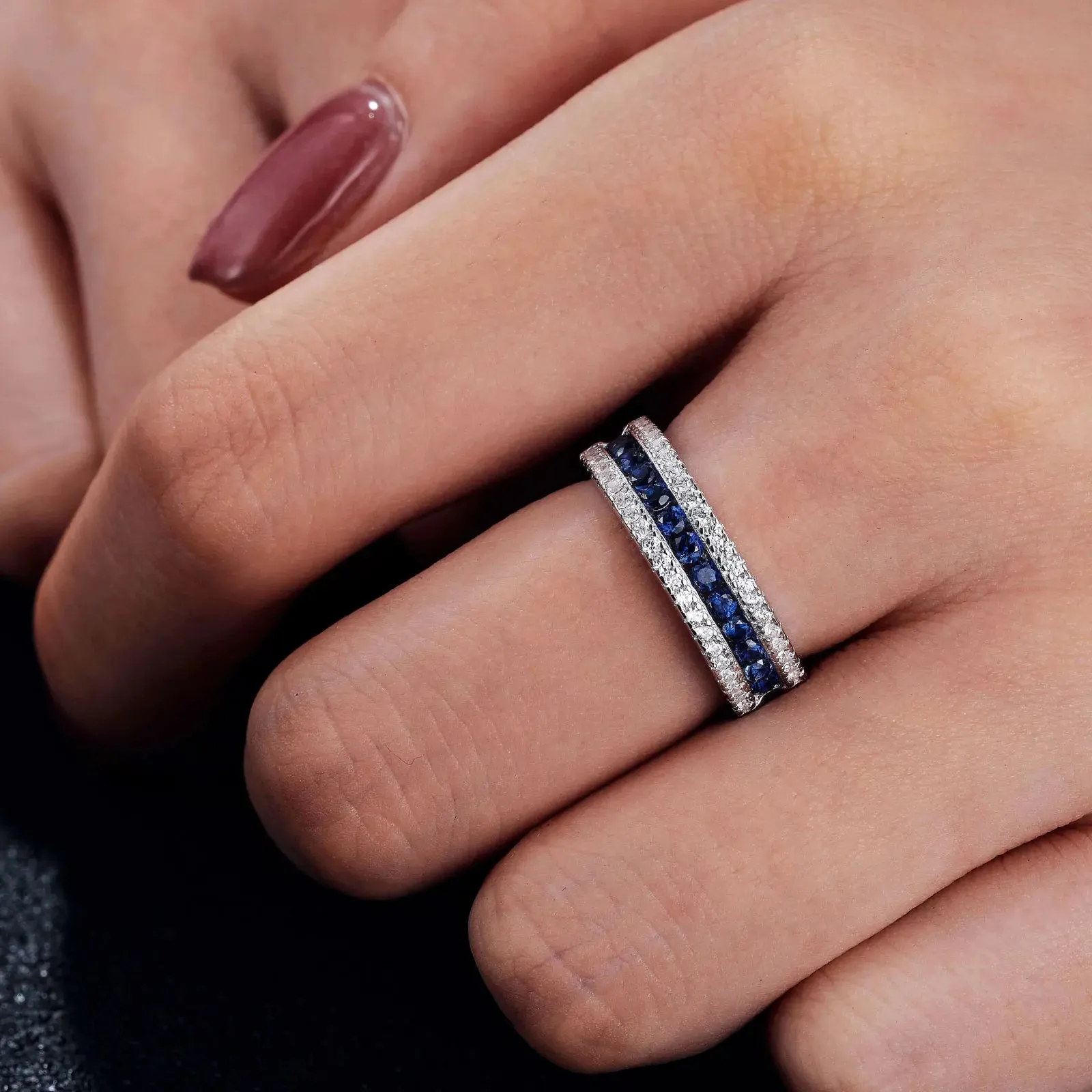 Round Sapphire Half Eternity Wedding Band with Diamond